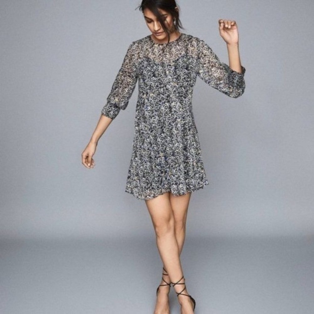 Reiss Charlotte Silk Dress Multicolor Burnout Ditsy Print Long Sleeve With Slip
